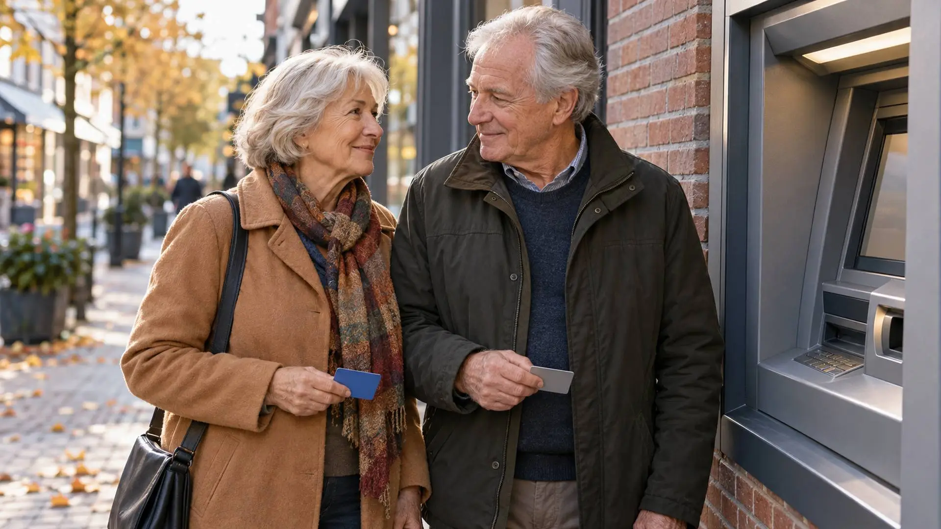 Ouder stel van rond de zeventig staat met ieder een eigen bankpas bij een geldautomaat in een winkelstraat