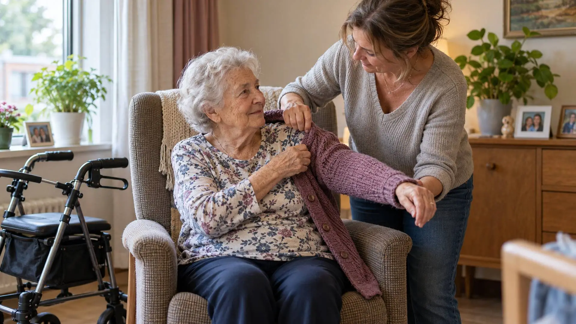 Dochter helpt haar oudere moeder een vest aan te trekken in een kamer van een woonzorgcentrum, naast een rollator.