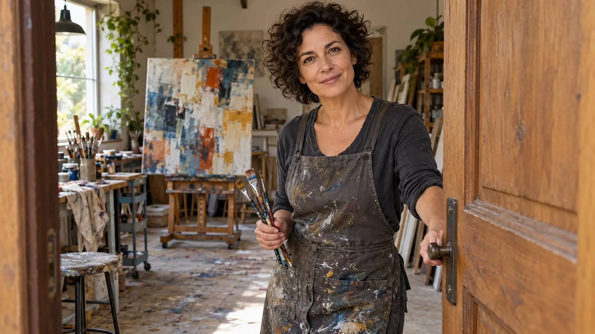 Illustratie van een vrouw met penselen in de deuropening van een atelier
