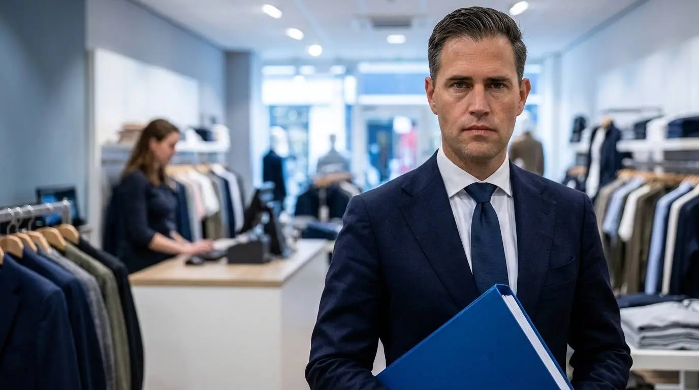 VVD-minister Eelco Heinen met belastingdossier in een Nederlandse winkelstraat