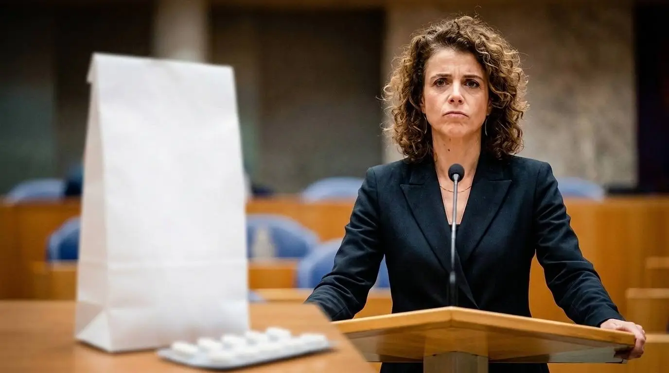 VVD-minister Sophie Hermans in de Tweede Kamer, op de voorgrond medicijnen: het eigen risico gaat in 2028 omhoog