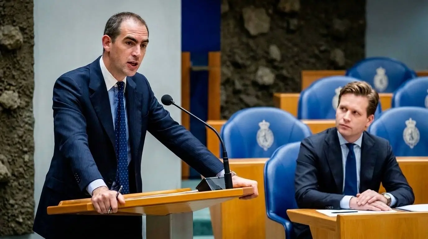 FVD-Kamerlid Peter van Duijvenvoorde spreekt in de Tweede Kamer terwijl VVD-minister Vincent Karremans in Vak K zit.