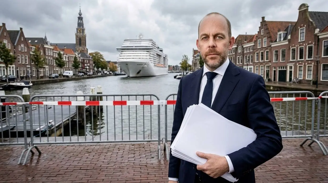 CDA-minister Bart van den Brink met asieldossiers bij een afgesloten aanlegsteiger en een vertrekkend schip in Alkmaar.