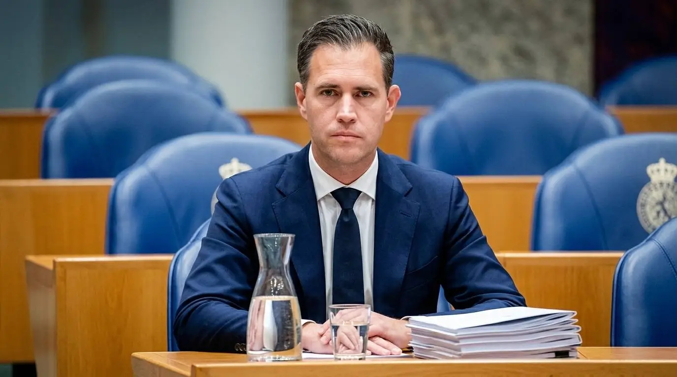 VVD-minister van Financiën Eelco Heinen bij zijn begrotingsstukken en een karaf kraanwater in de Tweede Kamer.