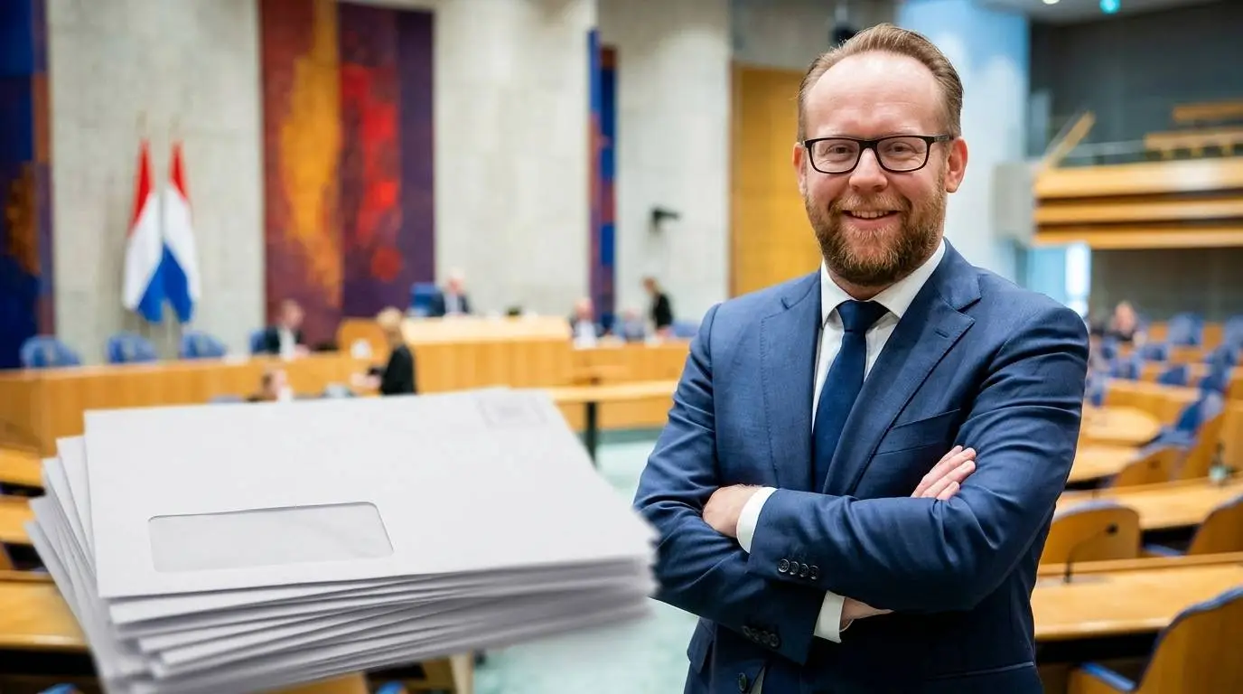 CDA-minister Pieter Heerma in de Tweede Kamer, op de voorgrond gemeentelijke aanslagen voor de ozb