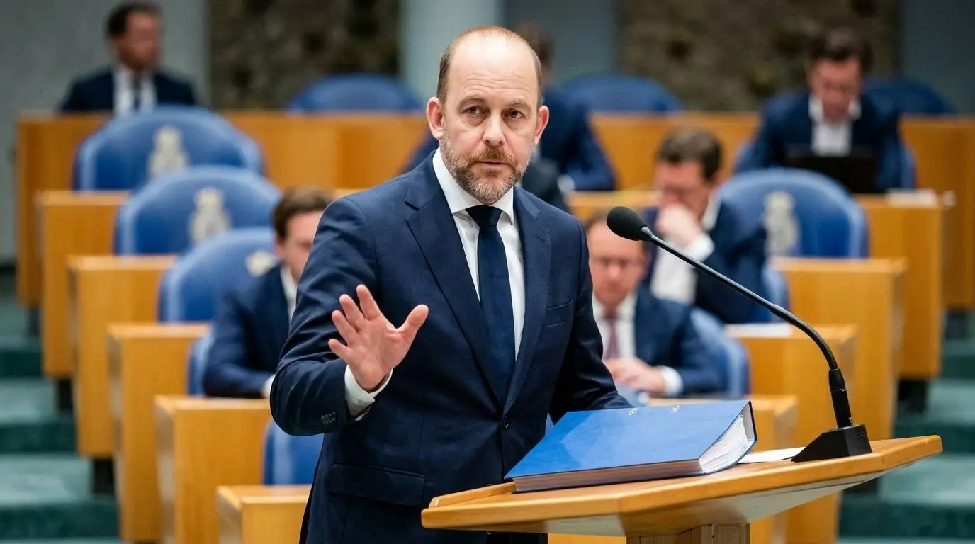 CDA-minister Bart van den Brink achter het spreekgestoelte in Vak K van de Tweede Kamer met een dossiermap voor zich.