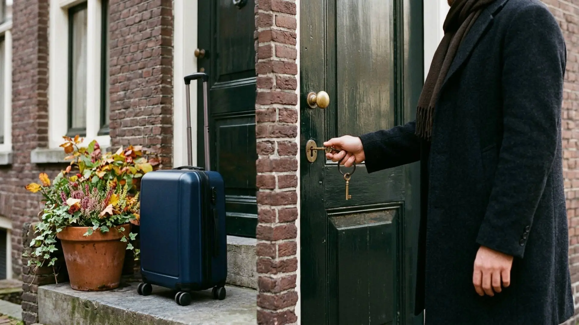 Persoon in donkere jas steekt een koperen sleutel in een donkergroene voordeur naast een blauwe rolkoffer en een bloempot.
