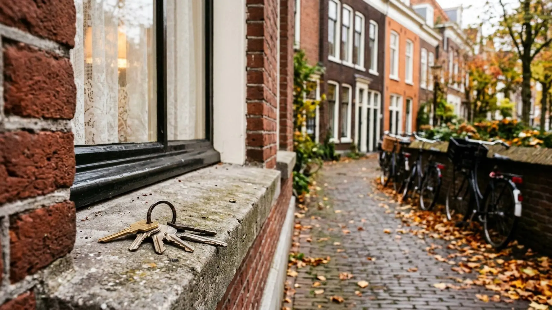 Bos huissleutels op de stenen vensterbank van een Nederlands bakstenen huis, met geparkeerde fietsen en herfstbladeren.