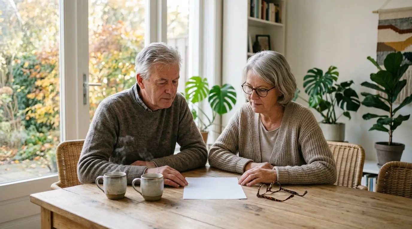 Ouder echtpaar bekijkt samen aan de houten eettafel een papieren overzicht voor hun pensioen.