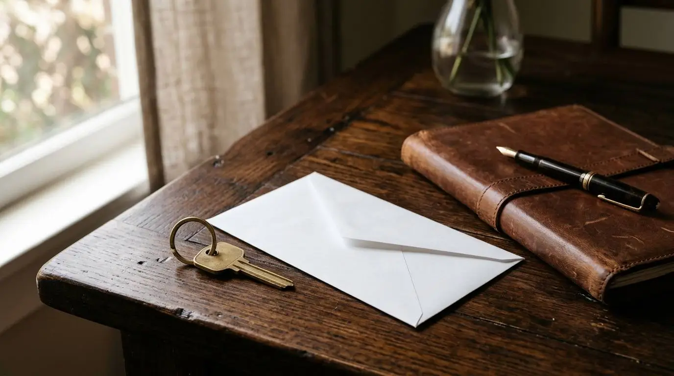 Koperen huissleutel en dichte witte envelop naast een leren dossiermap en vulpen op een houten tafel.