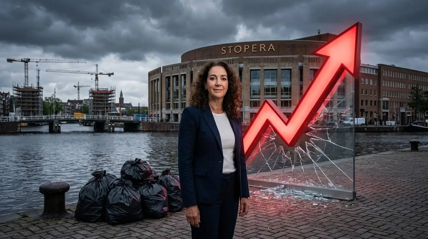 PRO-burgemeester Femke Halsema voor de Stopera in Amsterdam naast vuilniszakken en een rode pijl van de gemeenteschuld.