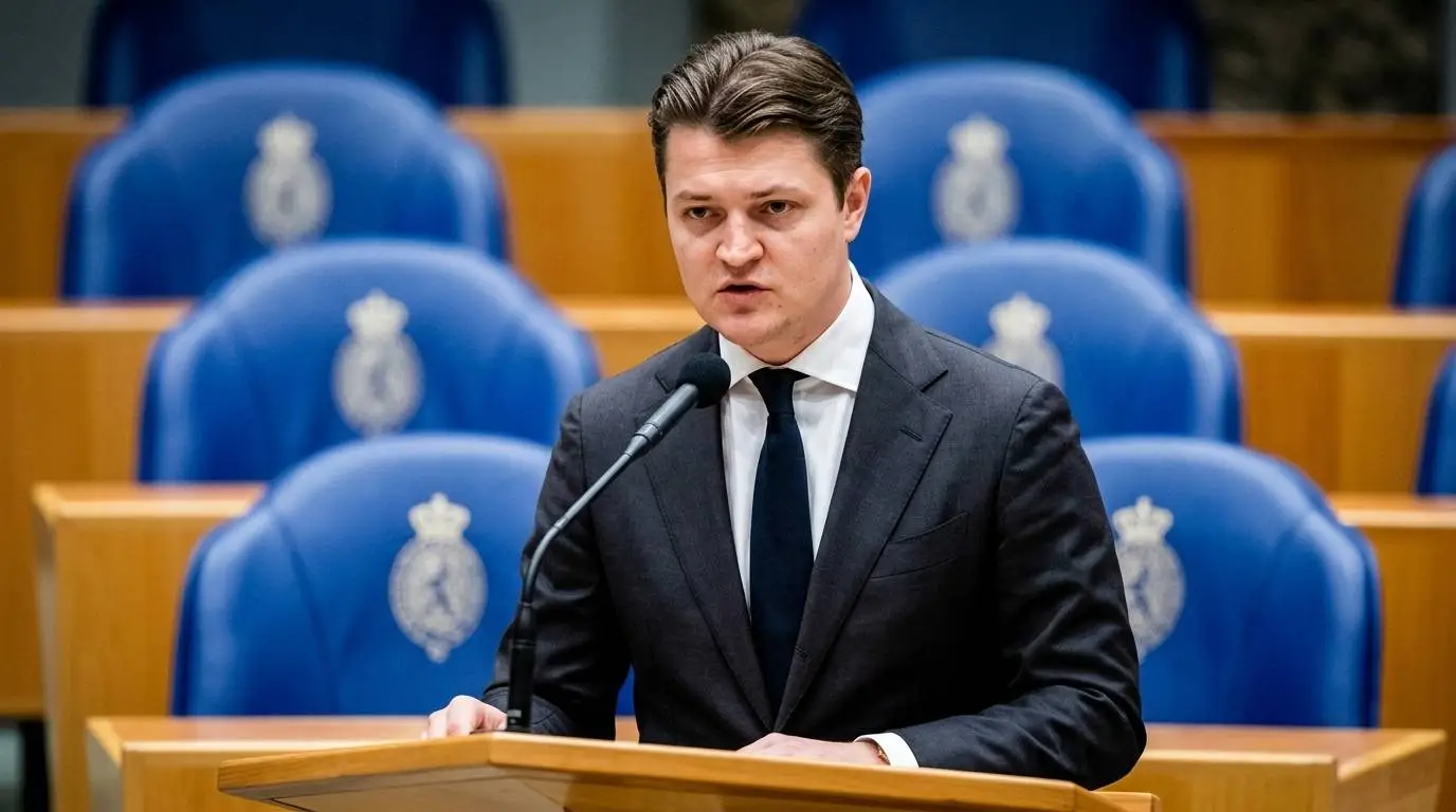 FVD-Kamerlid Milan Schenk achter het spreekgestoelte in de Tweede Kamer tijdens de Regeling van werkzaamheden.