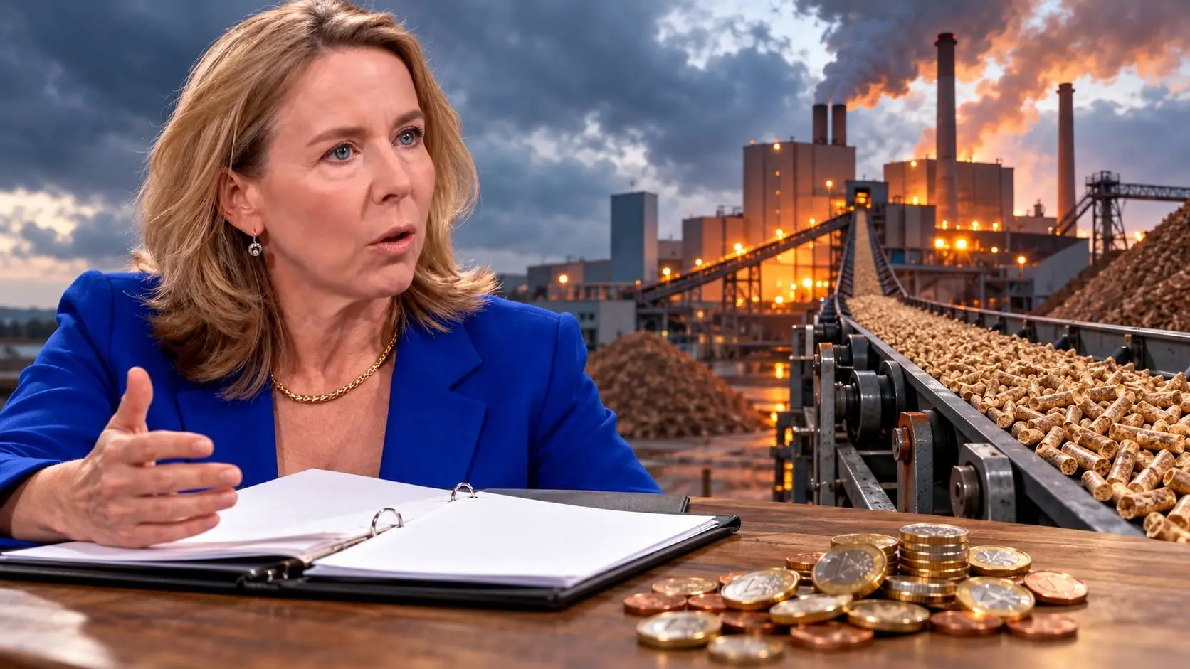 AI-Illustratie van Stientje van Veldhoven naast een transportband met houtpellets en euromunten, bij vragen over biomassasteun.