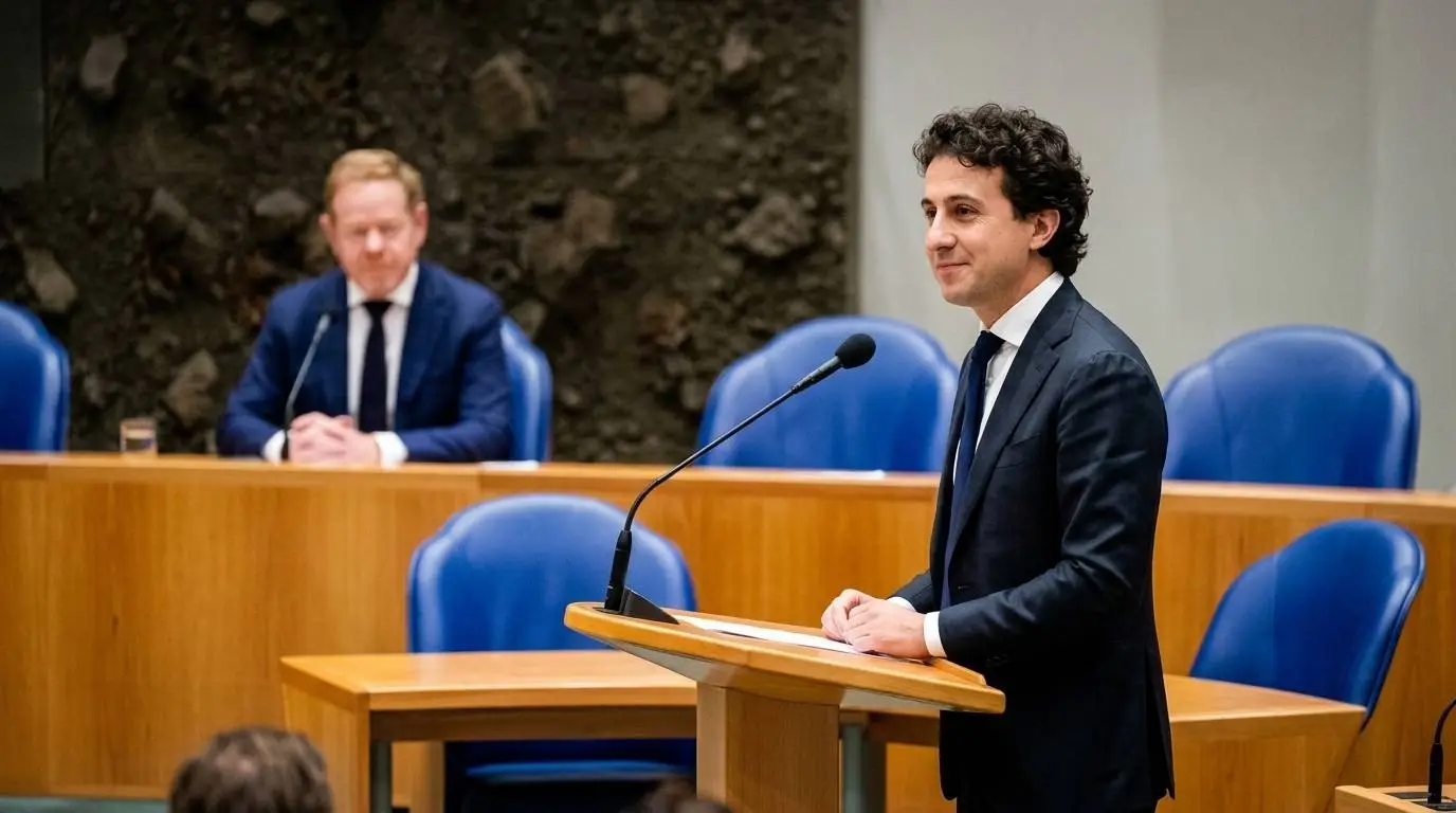 VVD-minister David van Weel in Vak K van de Tweede Kamer terwijl PRO-fractievoorzitter Jesse Klaver bij de microfoon staat.