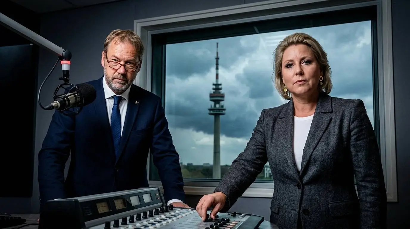 FVD-senator Eric Kemperman en D66-minister Rianne Letschert in een donkere lokale radiostudio
