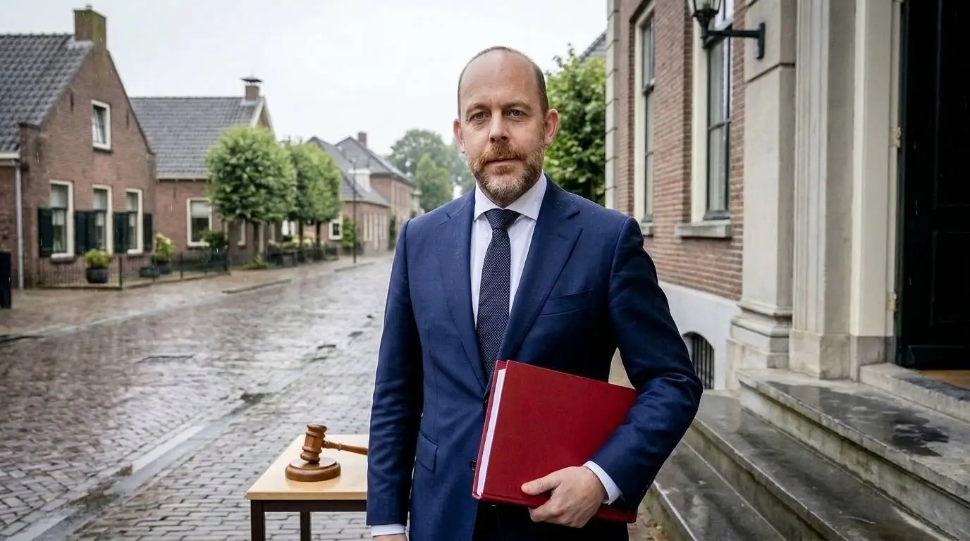 CDA-minister Bart van den Brink met een rood staatsdossier voor een rechtbank en dorpsstraat