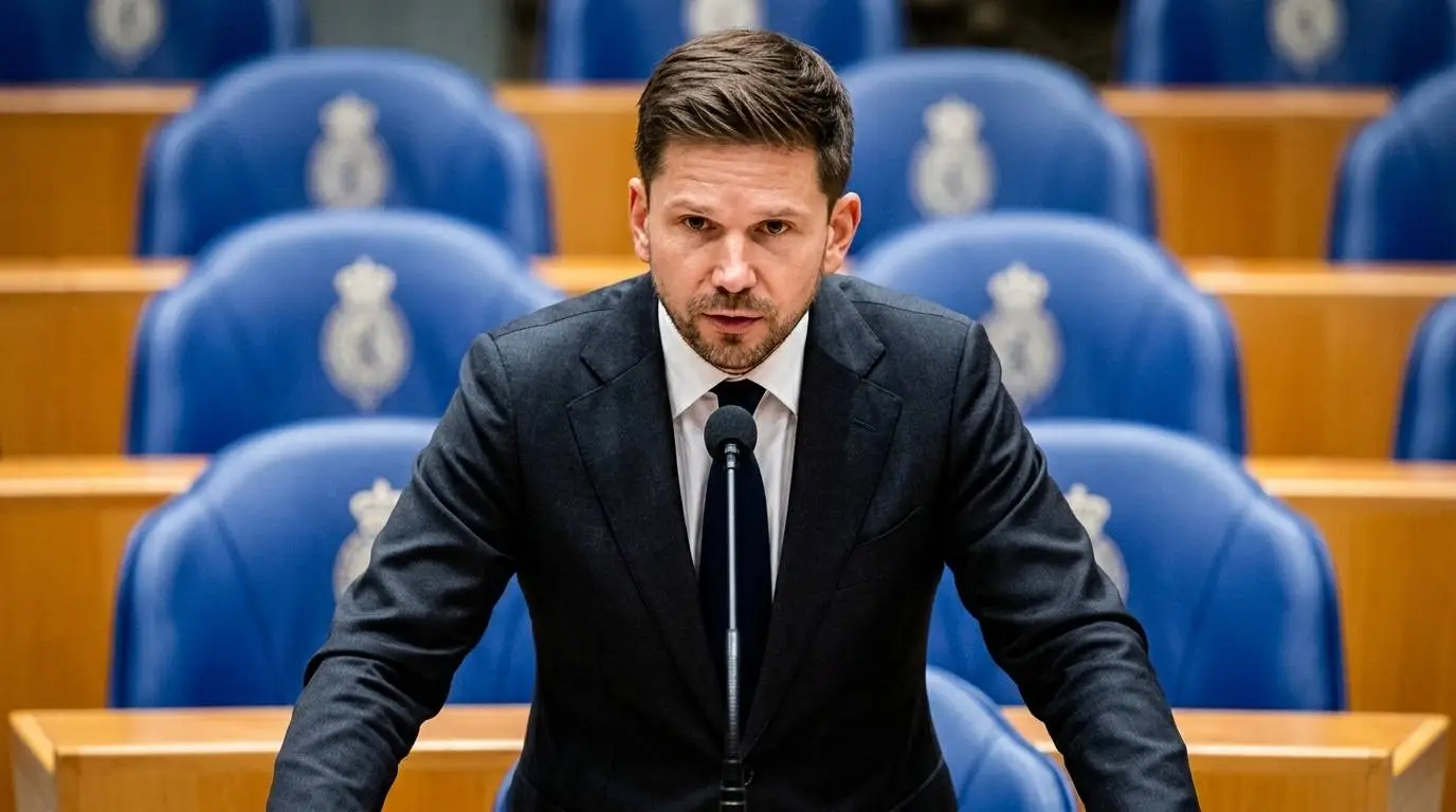 AI-illustratie van FVD-Kamerlid Gideon van Meijeren bij de interruptiemicrofoon in de Tweede Kamer, tijdens het debat met premier Jetten