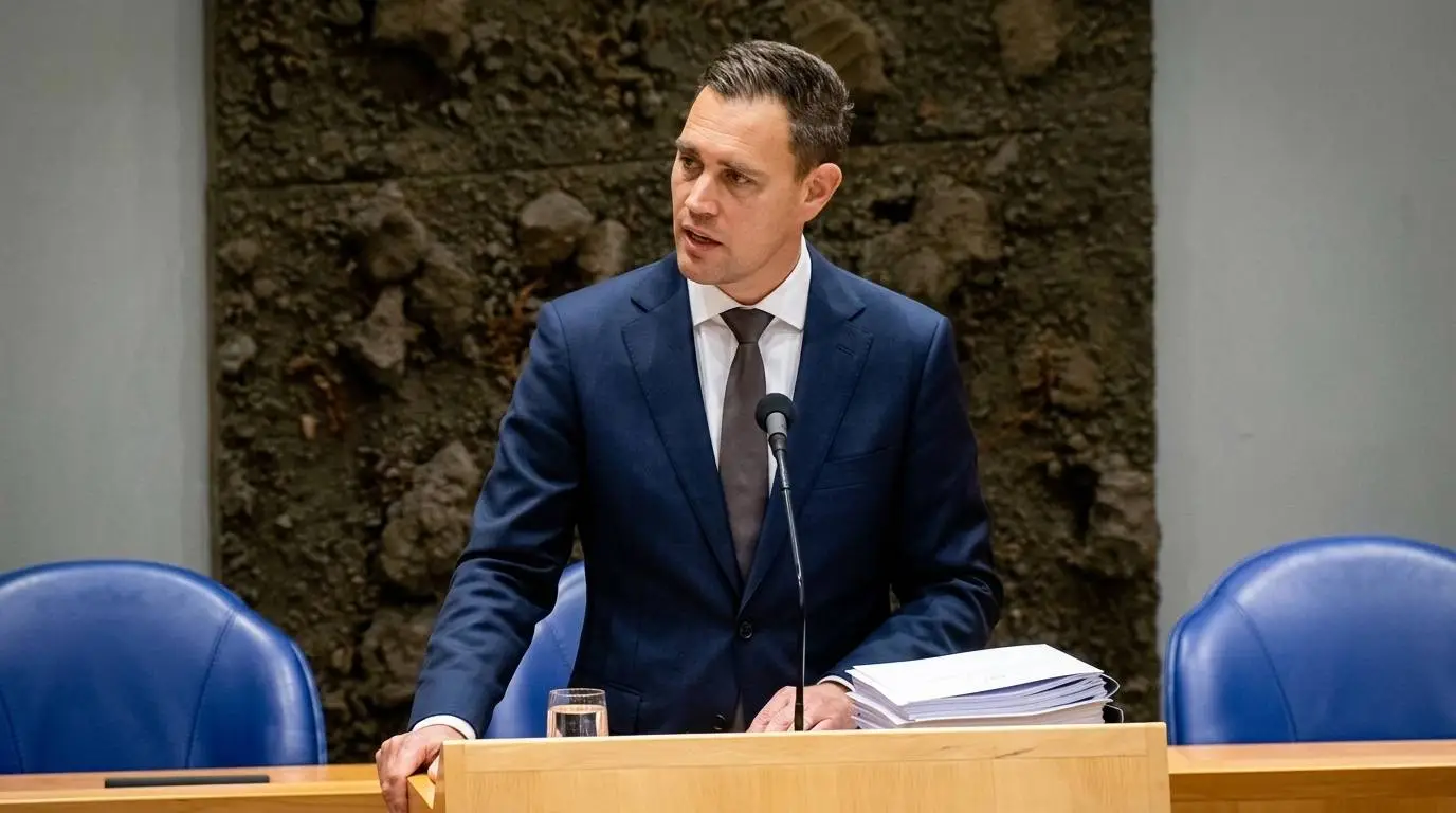 VVD-minister van Financiën Eelco Heinen achter het spreekgestoelte in de Tweede Kamer met zijn Kamerbrief over banken.