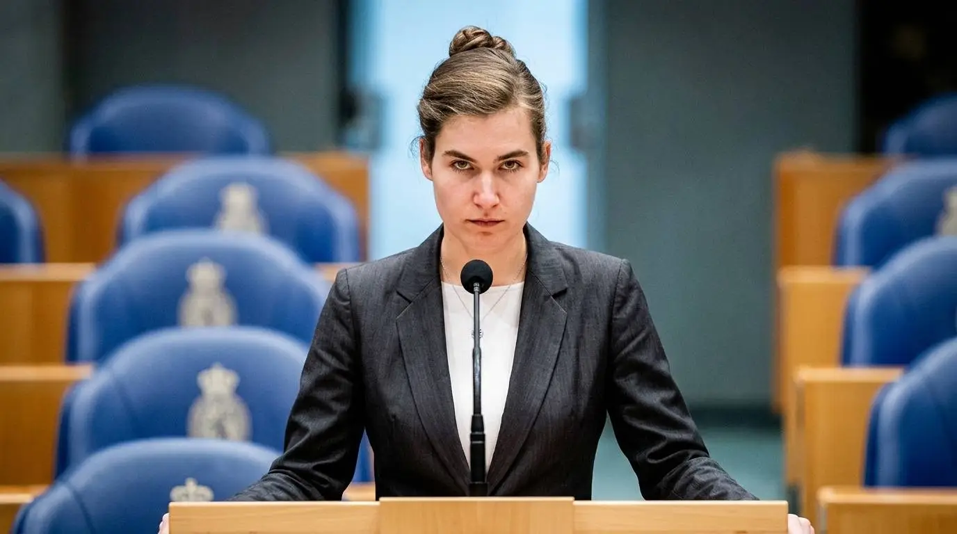 AI-illustratie van FVD-fractievoorzitter Lidewij de Vos in de Tweede Kamer, bij een stuk over het Parool dat FVD een sekte noemt
