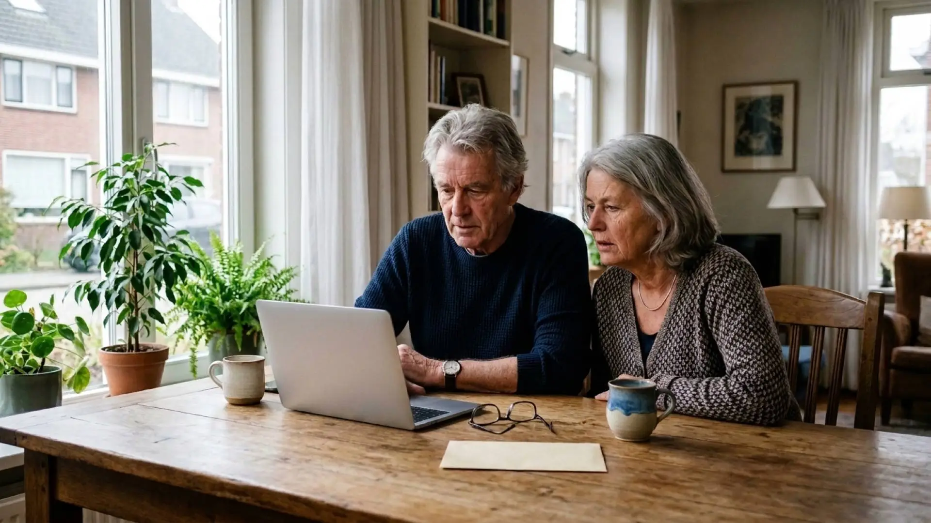 Ouder echtpaar kijkt op een laptop aan een houten eettafel met een dichte envelop, een leesbril en twee mokken.