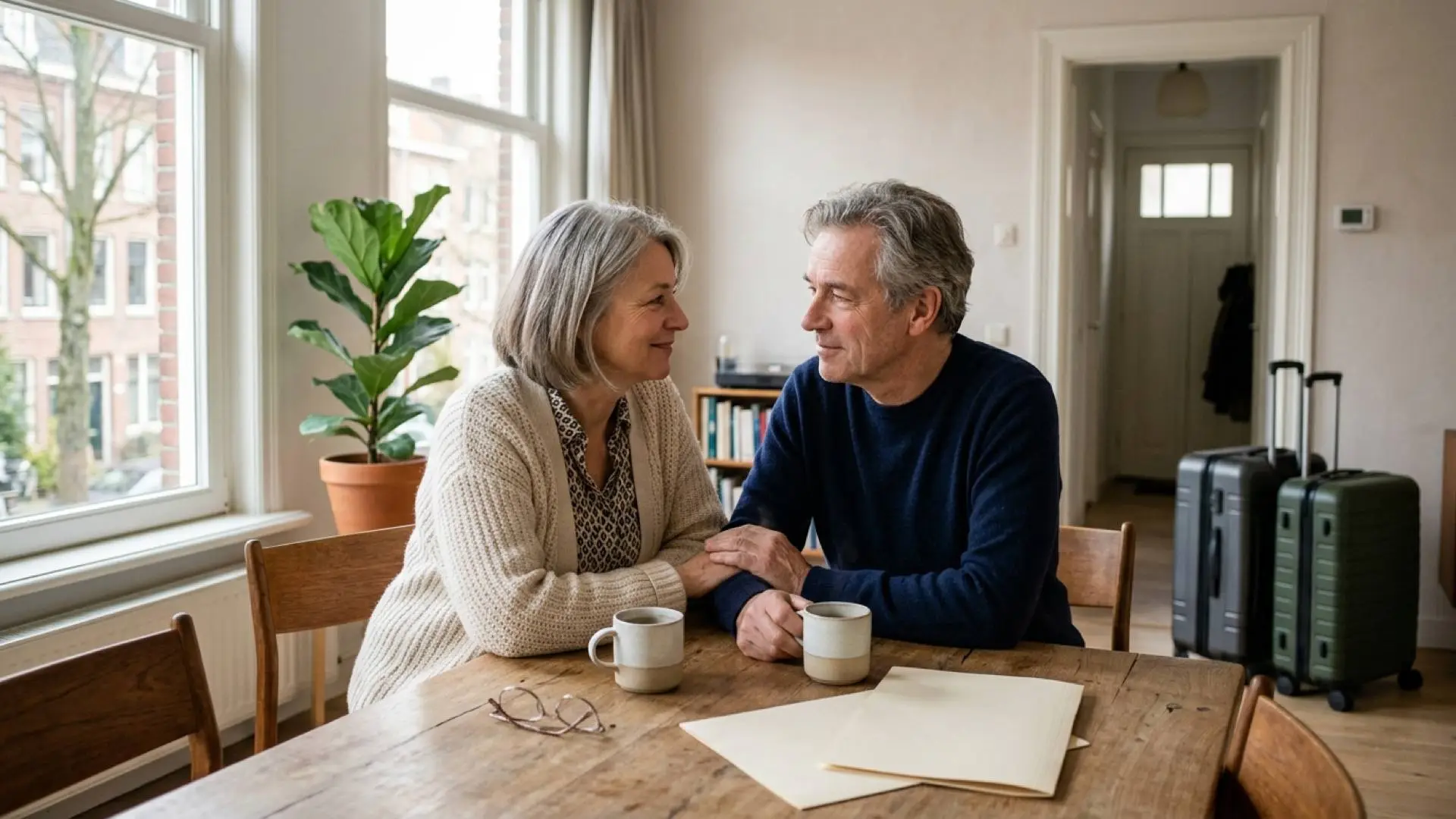 Nederlands echtpaar van begin zestig bekijkt papieren en koffers aan een houten eettafel in een zonnige woonkamer.