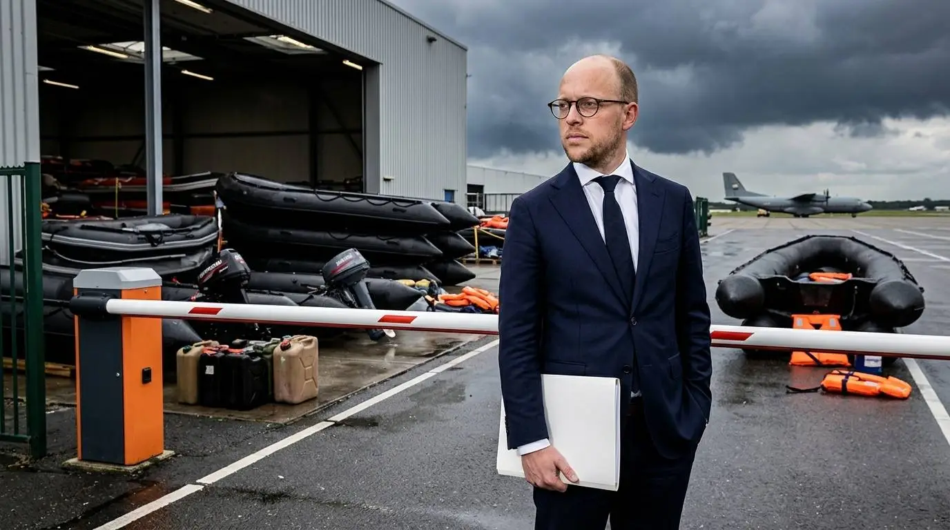 AI-illustratie van Eelco Eerenberg bij een openstaande douaneslagboom met op de achtergrond een loods en vrachtvliegtuig vol zwarte smokkel-rubberboten, buitenboordmotoren en oranje reddingsvesten.