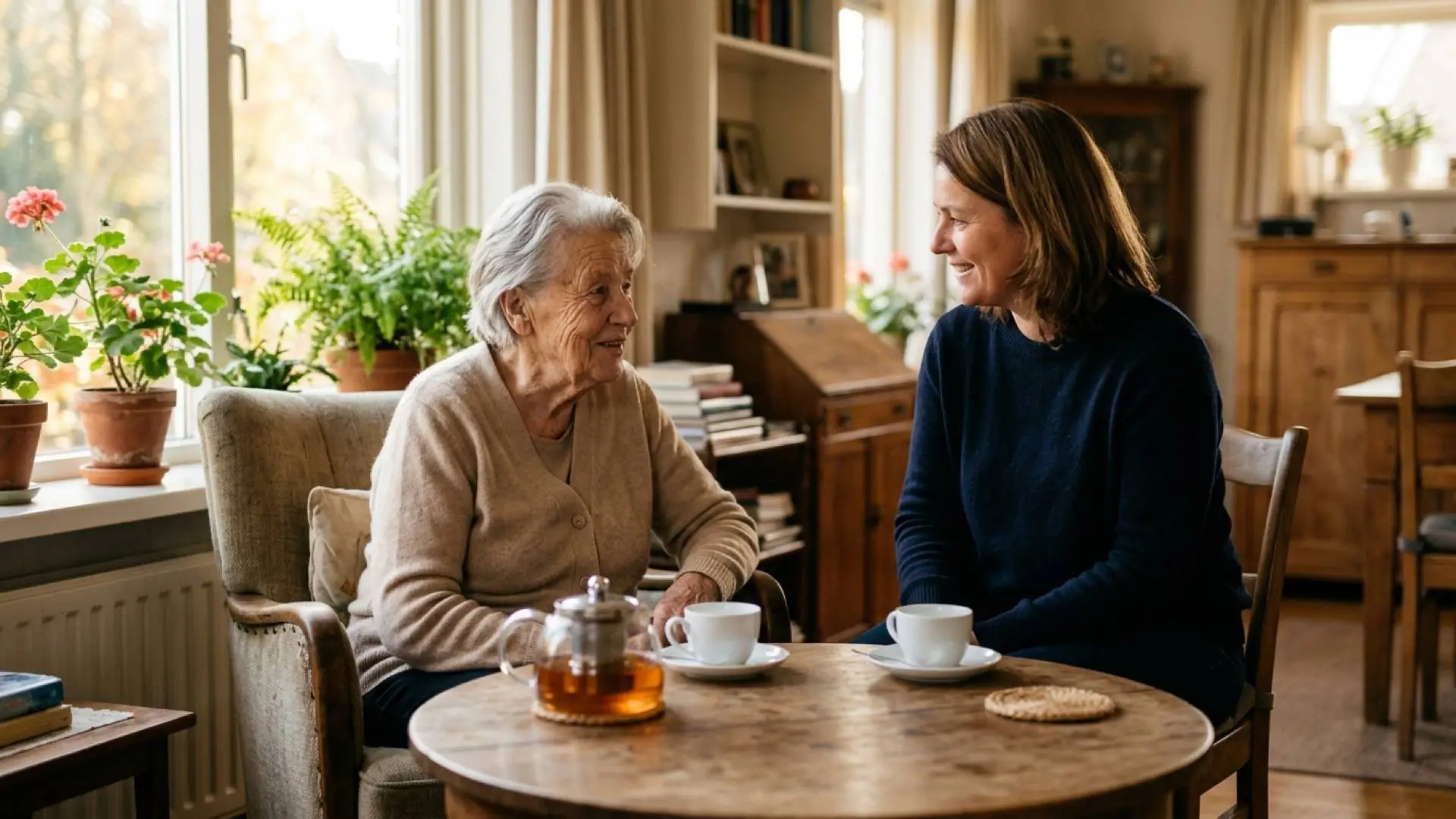 Oudere Nederlandse vrouw in een beige vest drinkt aan de salontafel thee met een thuiszorgmedewerker in de woonkamer