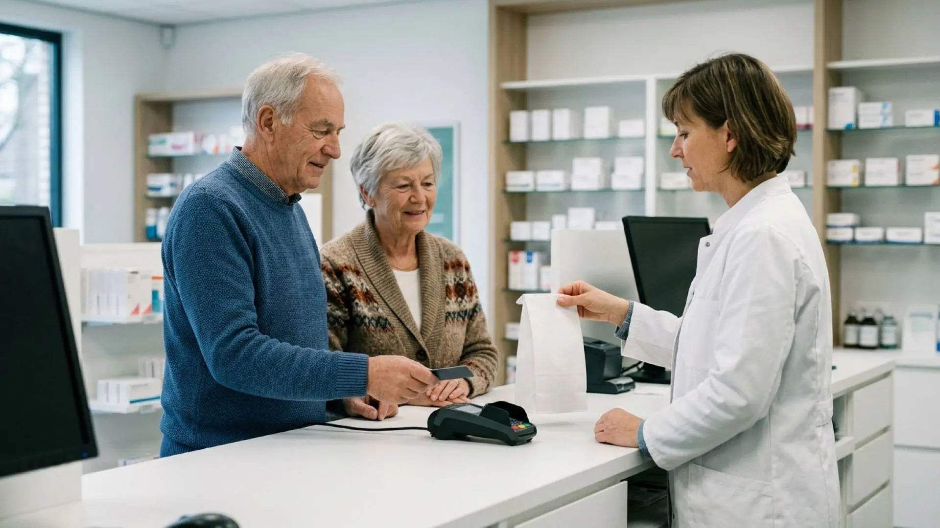 Ouder echtpaar betaalt met een bankpas aan de balie van een apotheek bij het ophalen van een papieren zakje medicijnen.