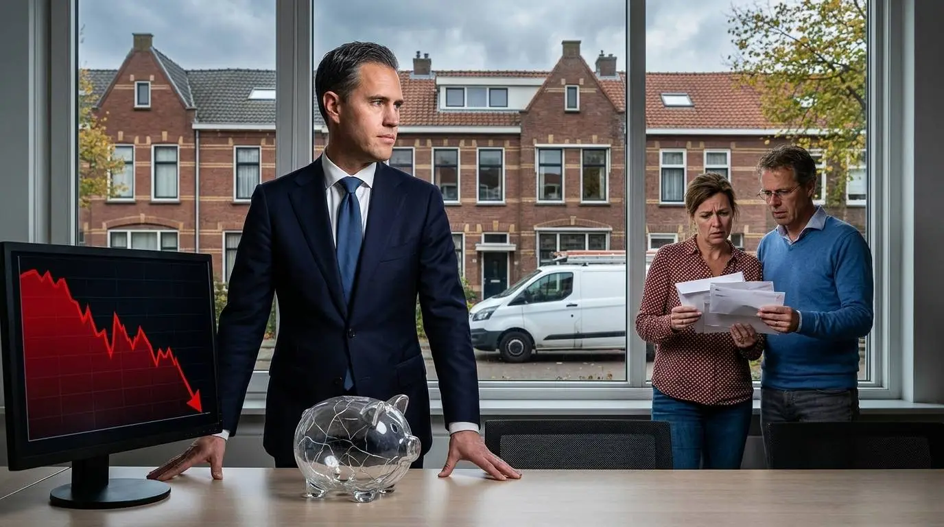 AI-illustratie van Eelco Heinen bij een lege glazen spaarpot en een rode dalende grafiek, met op de achtergrond een rijtjeshuis, een zzp-bestelbus en een bezorgd echtpaar.