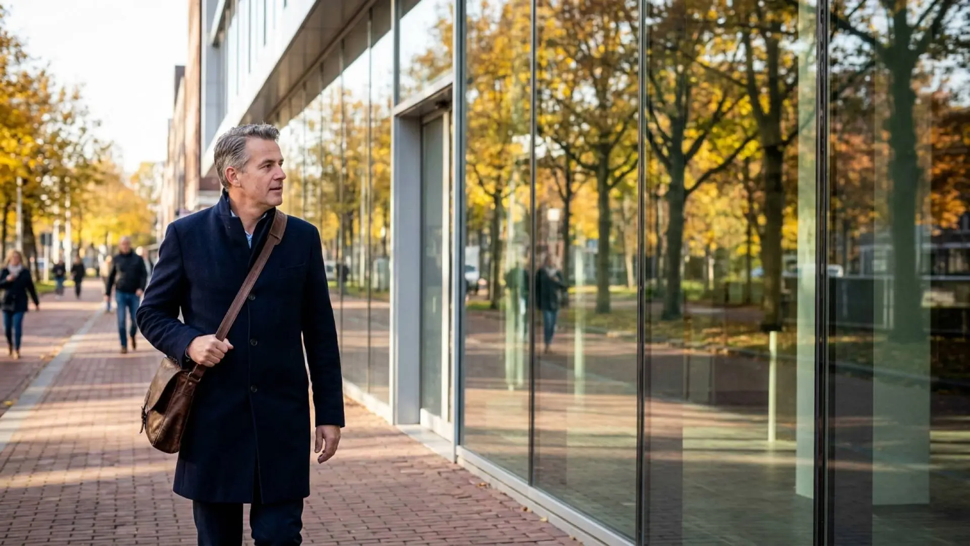 Man in donkerblauwe jas met leren schoudertas loopt langs de glazen pui van een modern kantoorgebouw in de herfstzon.