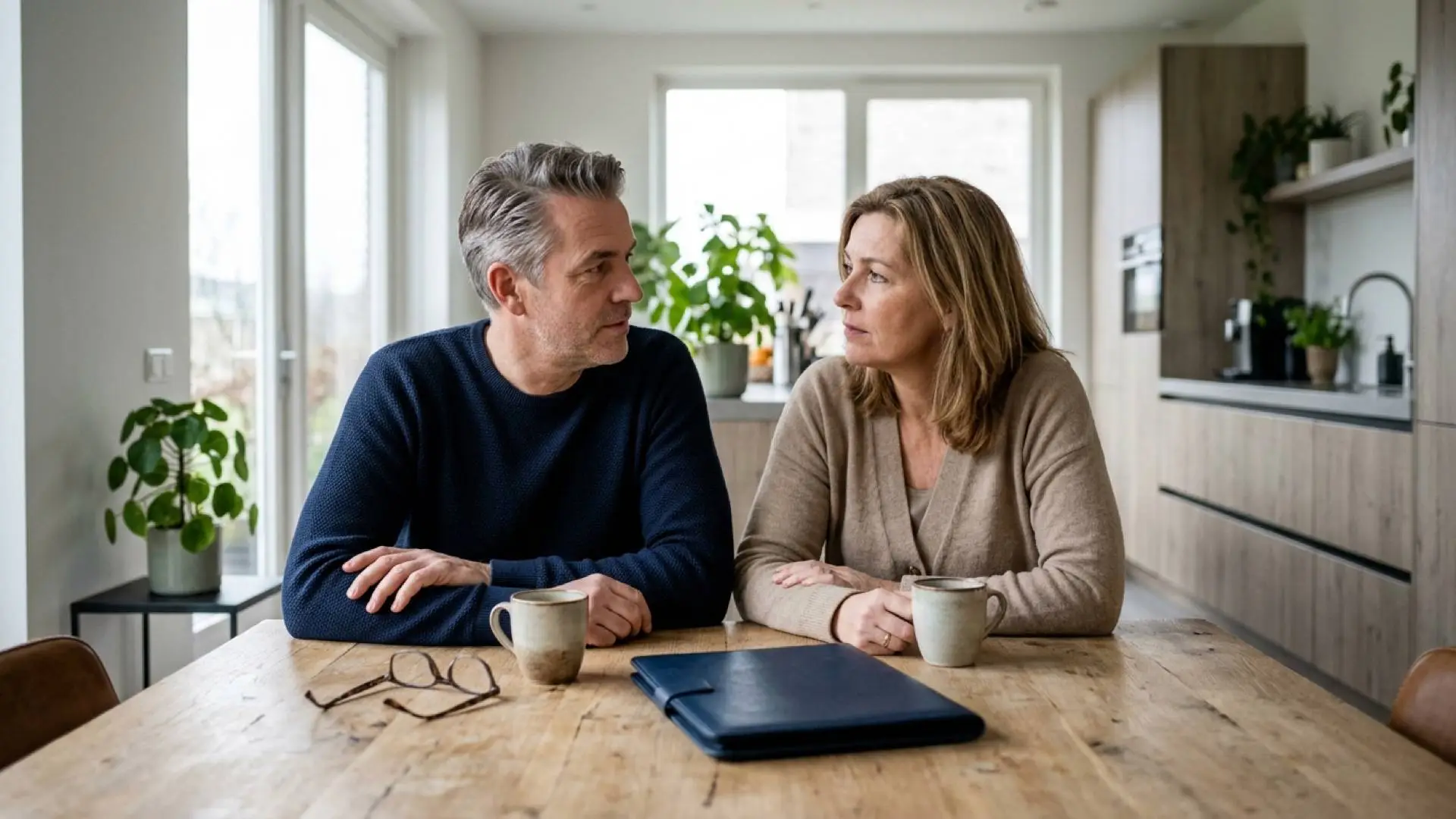Nederlands stel van begin vijftig zit in gesprek aan de houten eettafel met twee koffiemokken en een blauwe map