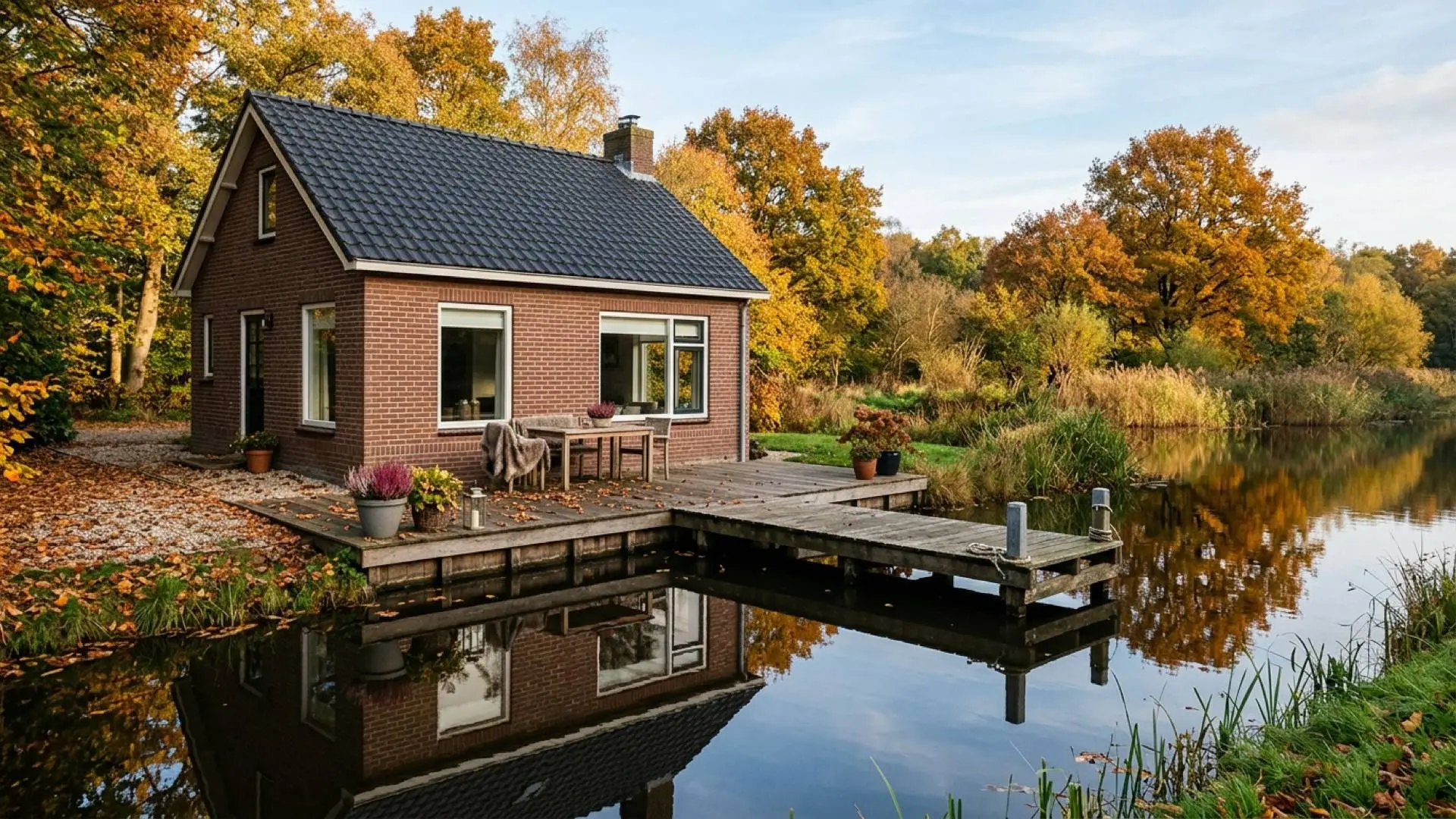 Vrijstaande stenen recreatiewoning tussen herfstbomen aan het water in Nederland bij helder ochtendlicht.