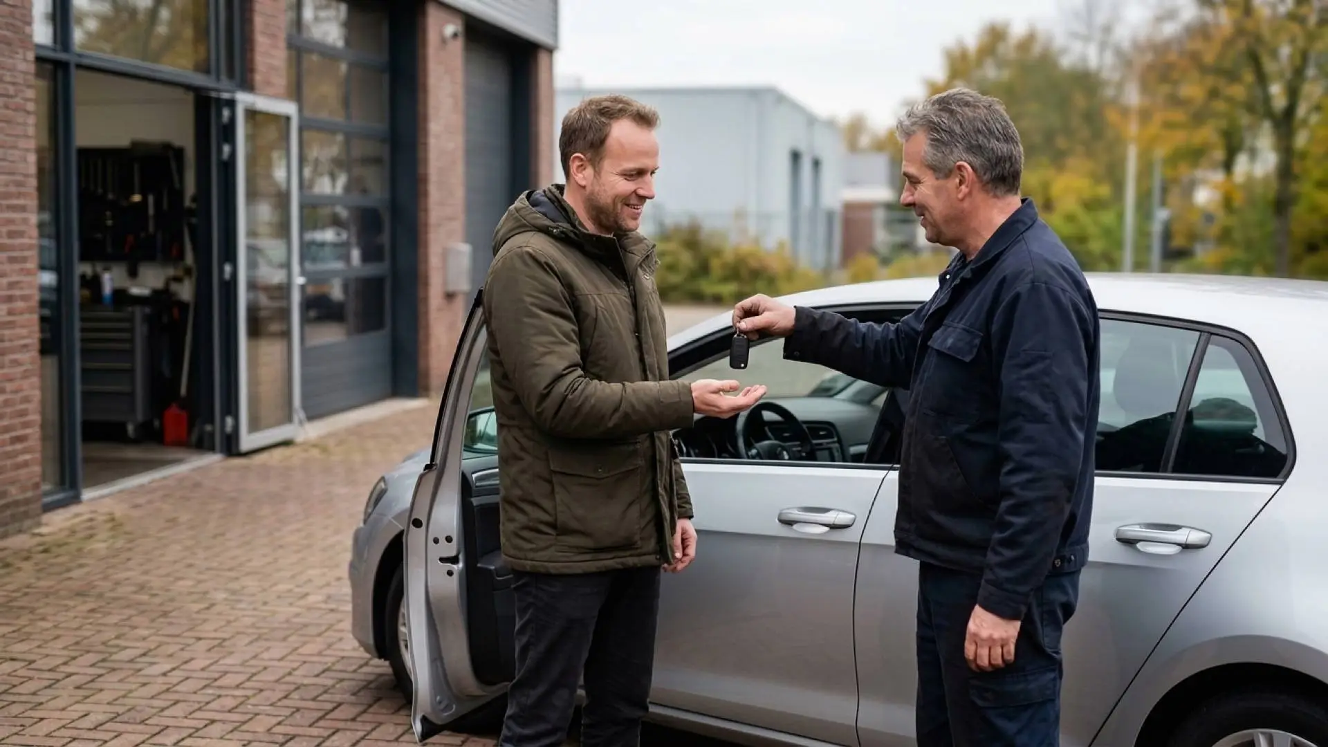 Nederlandse man in een donkergroene jas krijgt op het terrein van een garage een autosleutel van een automonteur