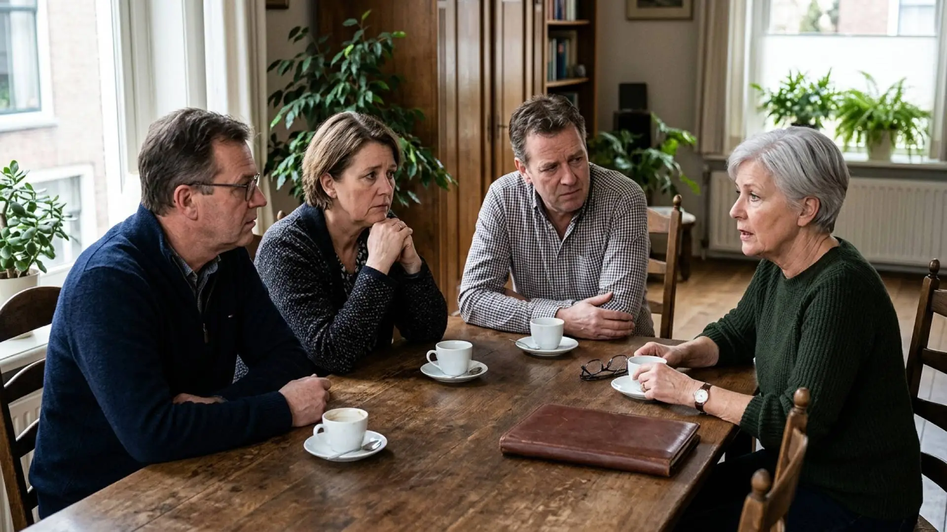 Drie volwassen broers en zussen zitten tegenover hun zus aan een houten tafel met een gesloten map en koffiekopjes.