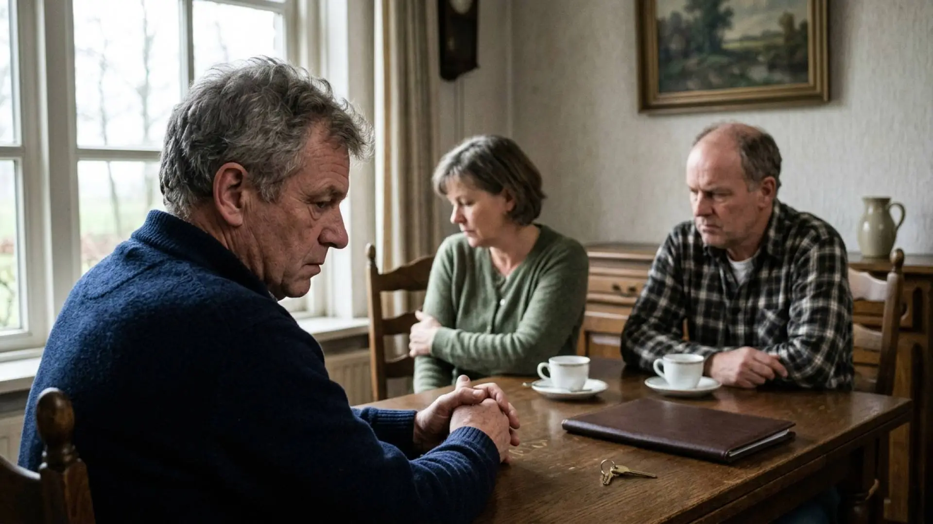 Man met gevouwen handen kijkt bedrukt voor zich uit aan een houten tafel tegenover een man en vrouw met een leren map.