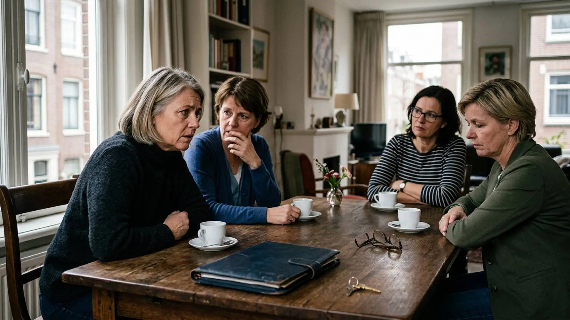 Vier vrouwen zitten tegenover elkaar aan een donkere houten eettafel met koffiekopjes, een leesbril, huissleutel en een map.