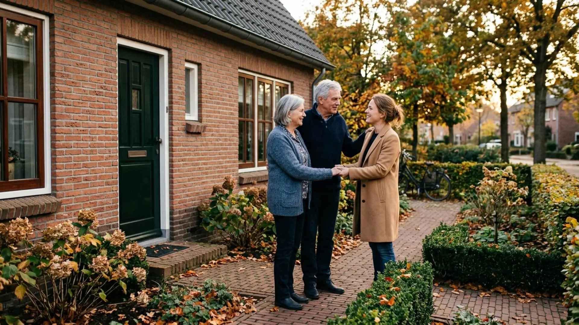 Ouder echtpaar staat buiten bij de voordeur van een bakstenen woning op het tuinpad in gesprek met hun volwassen dochter.