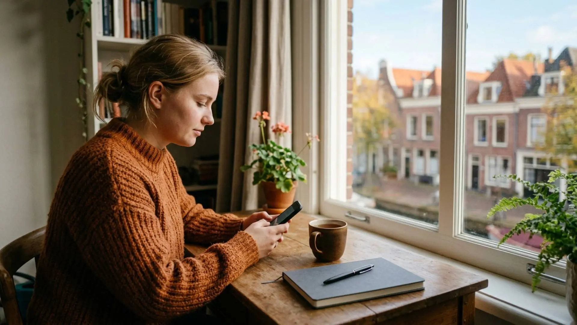 Jonge studente in een gebreide trui kijkt op haar telefoon aan een houten bureau bij het raam met een mok en notitieboek.