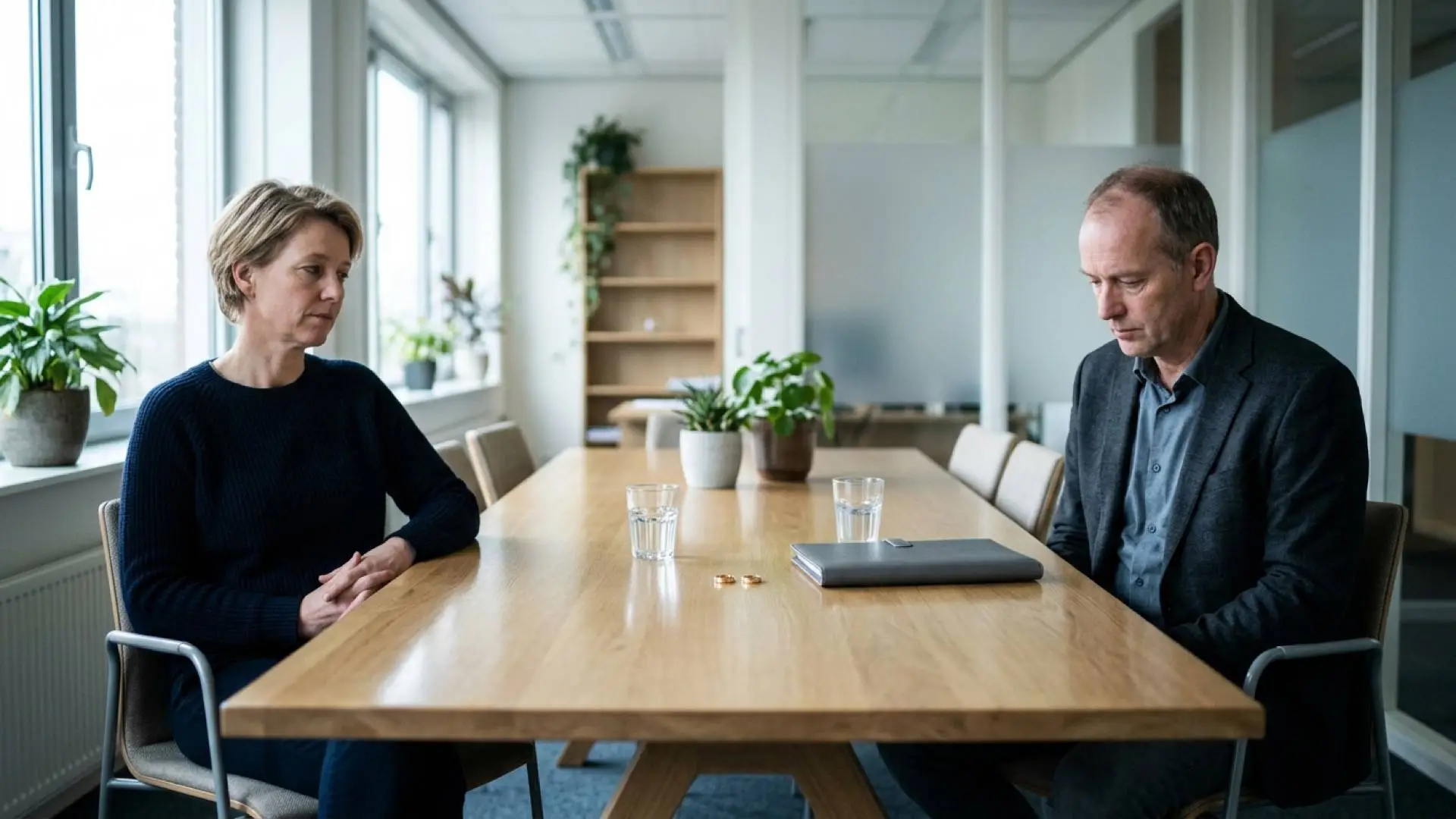 Man en vrouw zitten tegenover elkaar aan een houten tafel met twee losse trouwringen en twee glazen water ertussen.