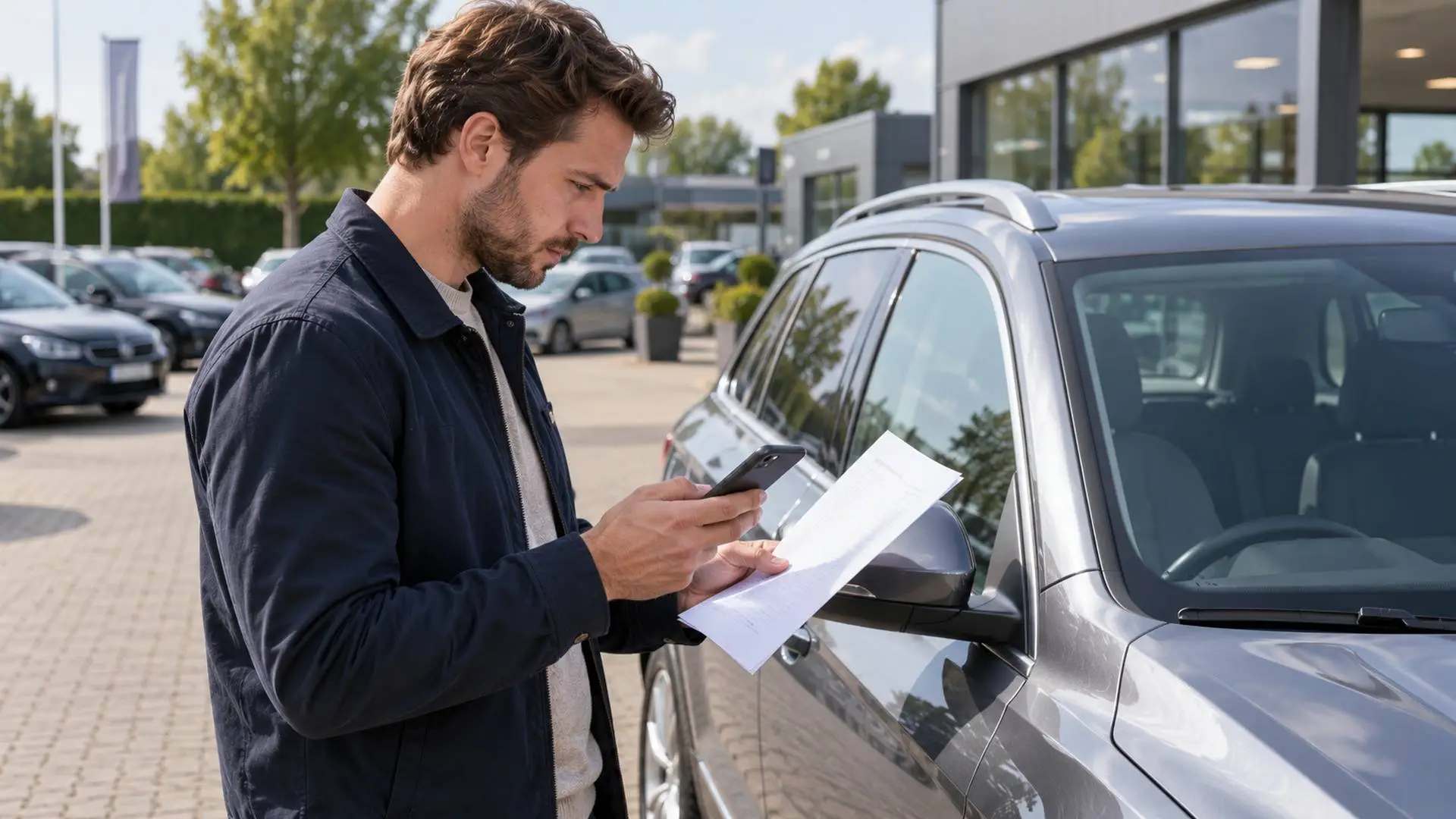 Een autokoper die een factuur met gegevens op zijn telefoon vergelijkt.