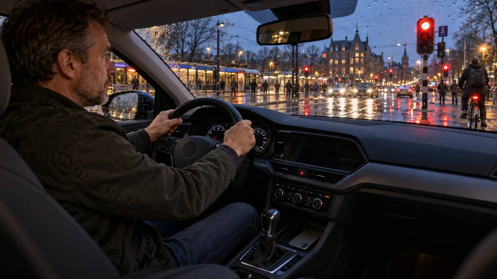 Man achter het stuur wacht voor een rood verkeerslicht in de stad, zijn telefoon ligt omgekeerd naast de versnellingspook.