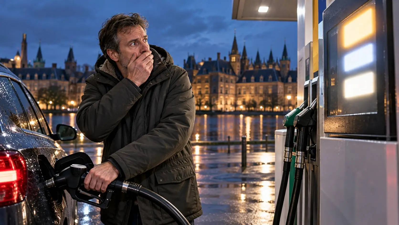 Een automobilist die geschrokken naar het pompdisplay kijkt, met het Binnenhof op de achtergrond.