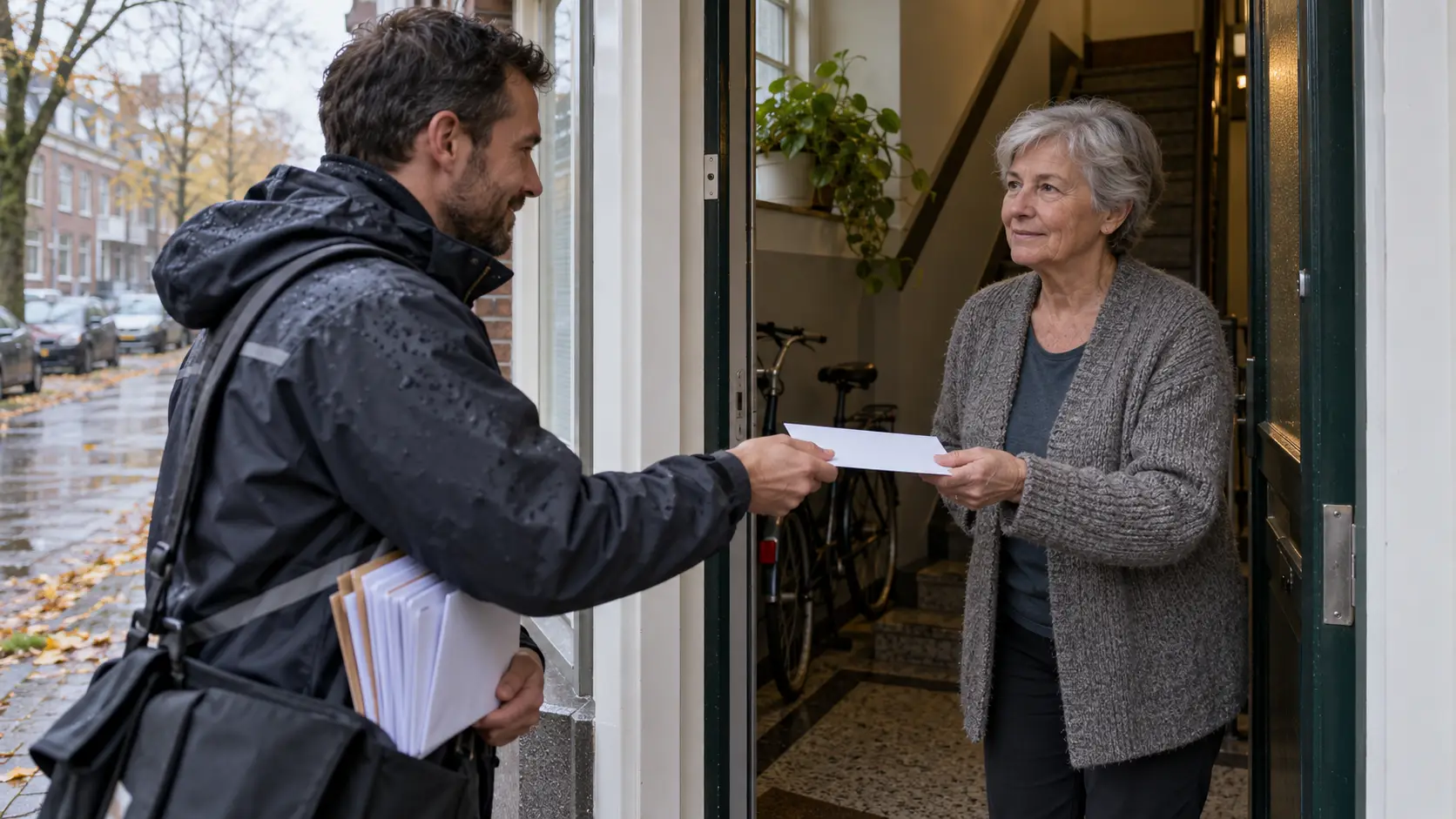 Oudere vrouw neemt bij haar voordeur een brief aan van een postbode.