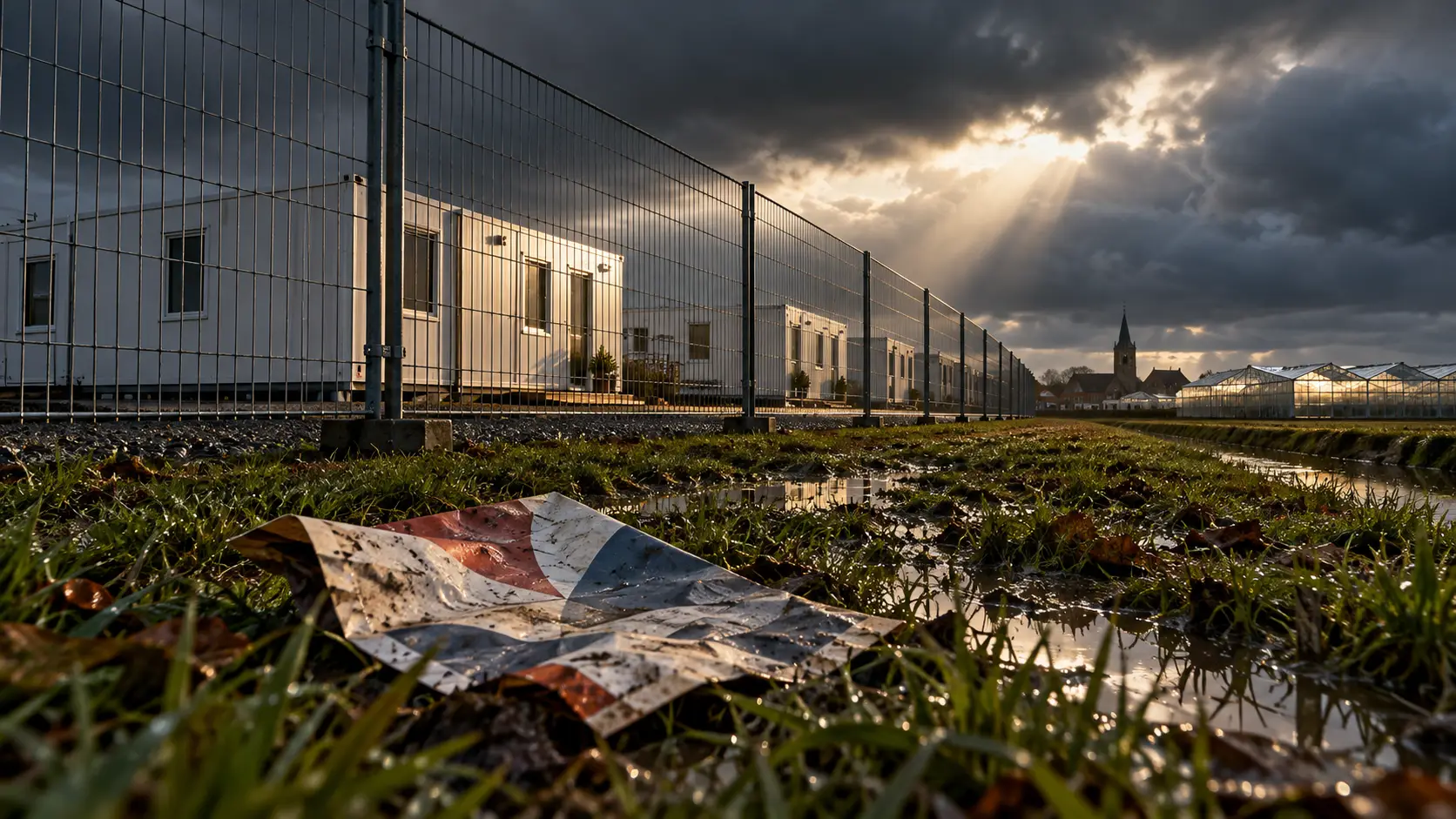 Tijdelijke woonunits achter een bouwhek, met kassen op de achtergrond en een verkreukelde folder in het gras.