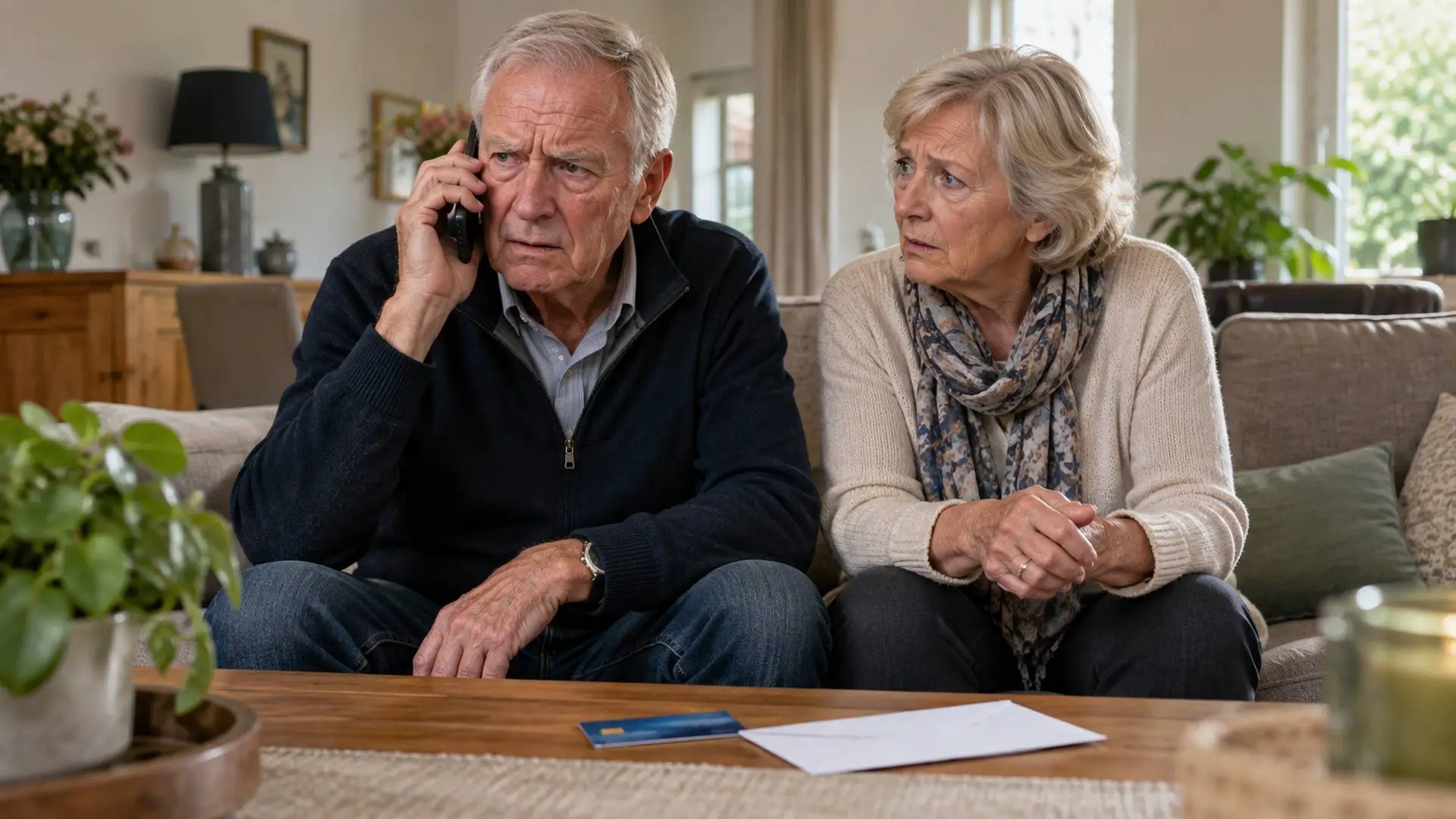 Ouder echtpaar op de bank, de man belt gespannen terwijl er een bankpas op tafel ligt