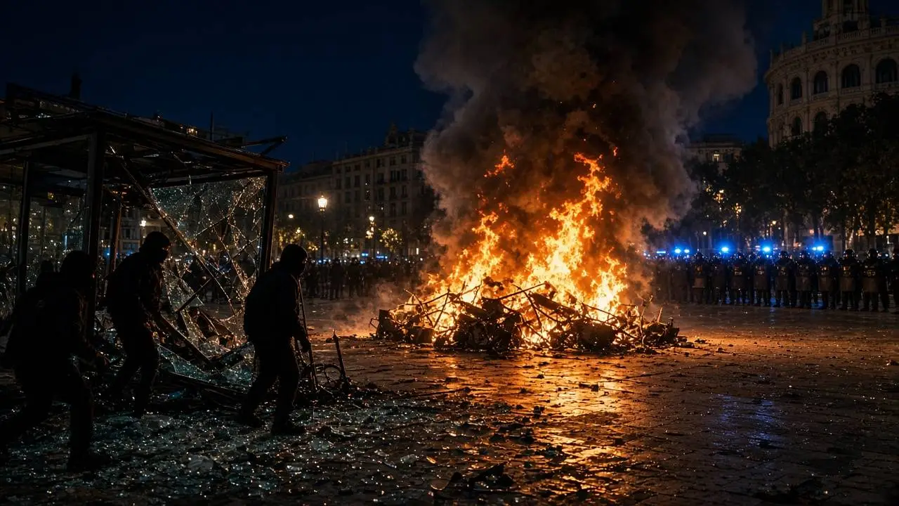 Brandende barricade en oproerpolitie op een plein in Barcelona tijdens de rellen van zaterdag 24 oktober