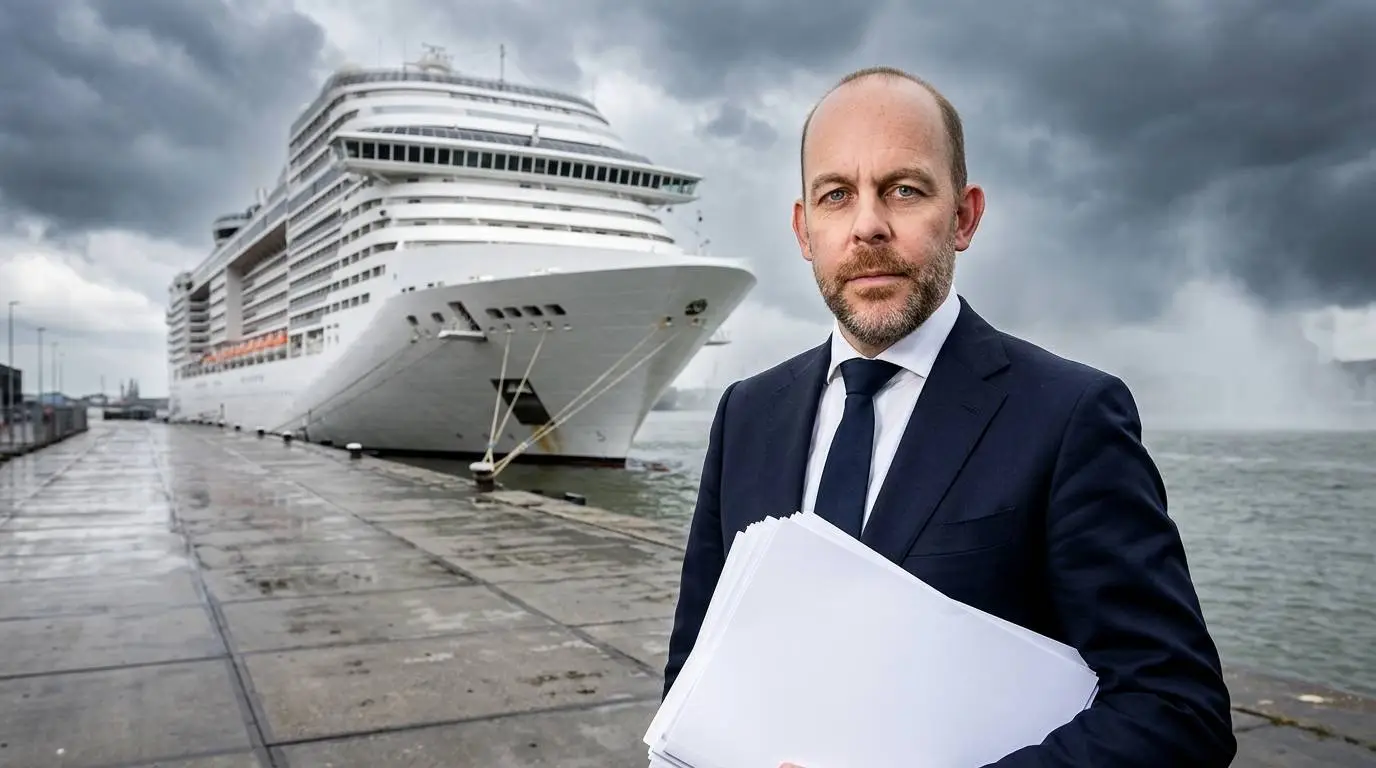 CDA-minister Bart van den Brink met een stapel papieren op een natte kade voor een groot wit passagiersschip