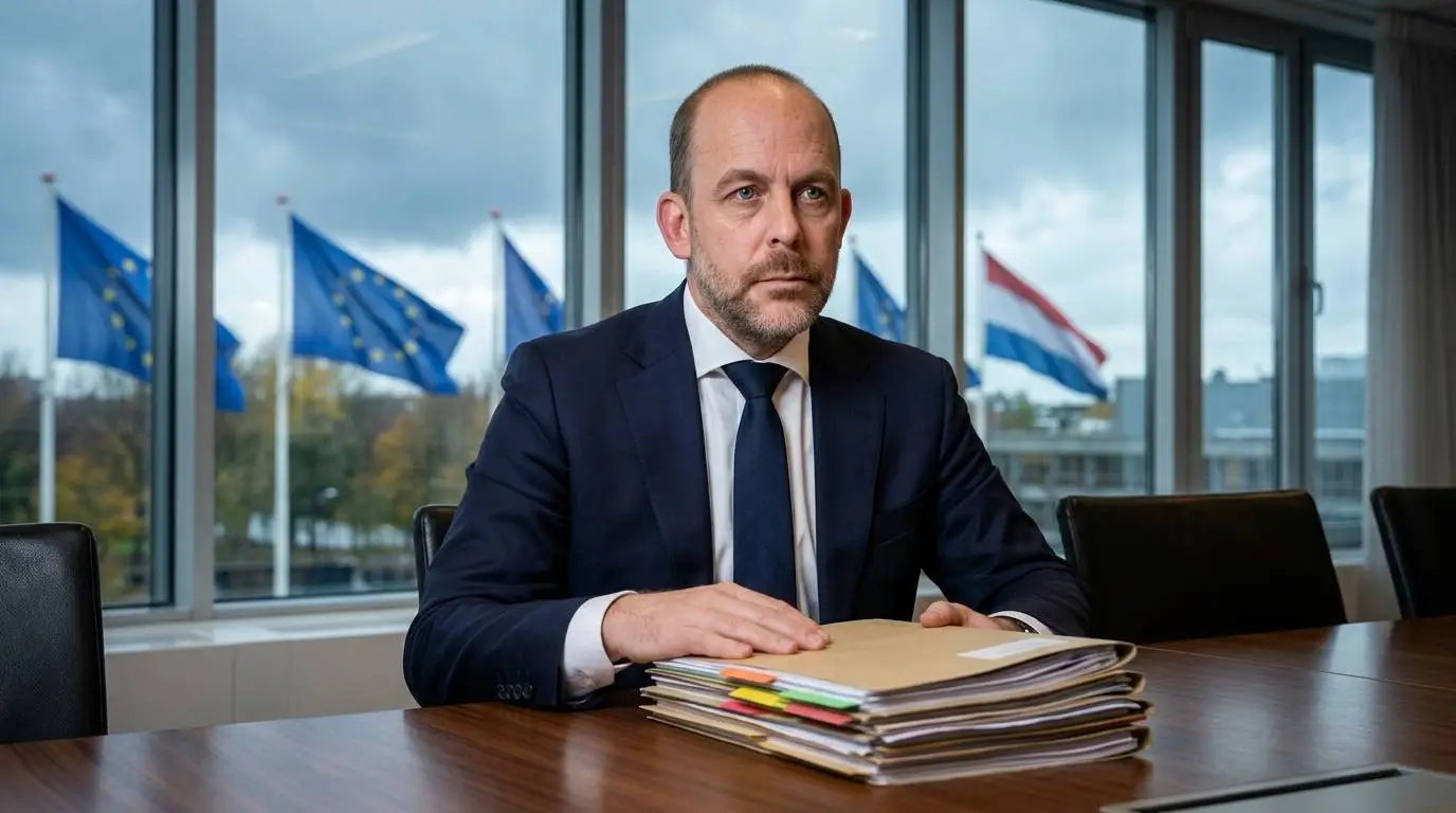CDA-minister Bart van den Brink aan een vergadertafel met dossiers over de Spreidingswet en EU-vlaggen op de achtergrond.