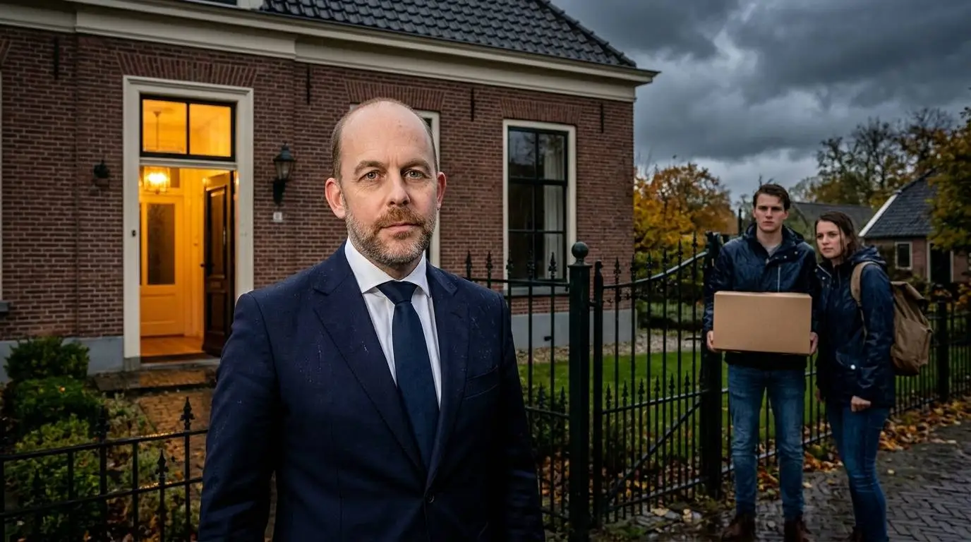 CDA-minister Bart van den Brink voor een pastorie, terwijl een jong stel met een verhuisdoos buiten het hek staat