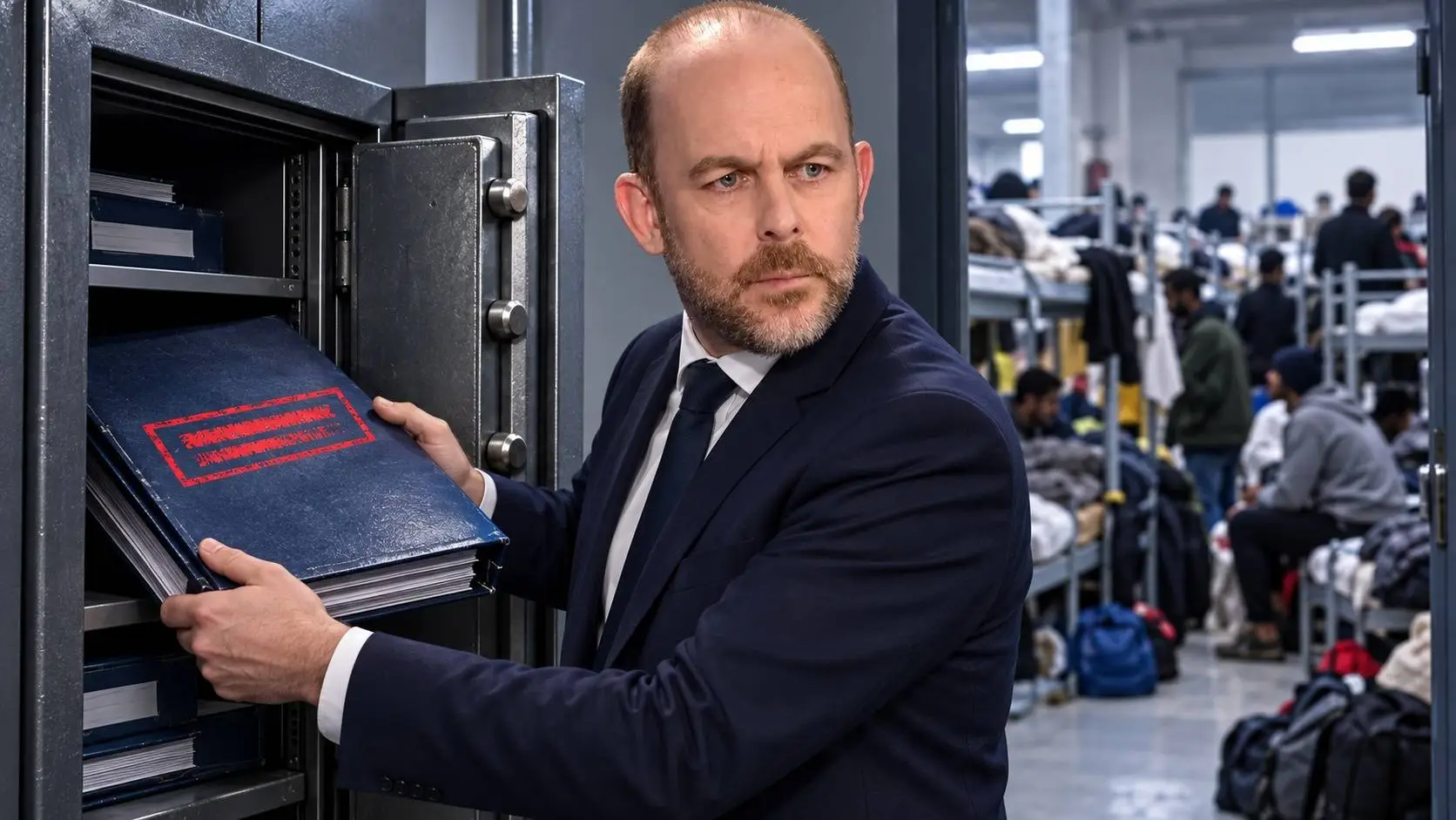 Illustratie van Bart van den Brink die een map met een rode stempel in een kluis legt, met een overvolle asielopvang op de achtergrond.
